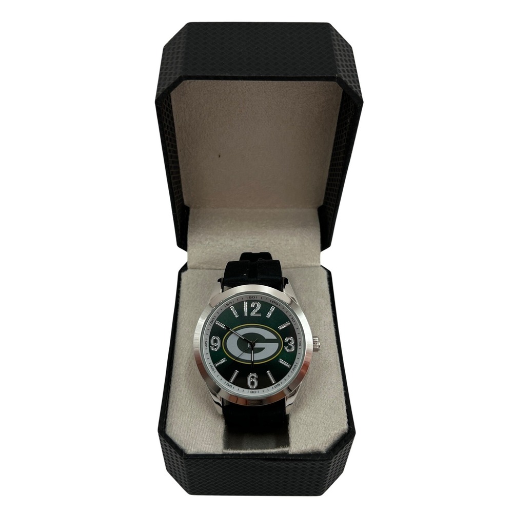 Game Time Green Bay Packers NFL Watch Mens Black Silicone Strap Green Dial New